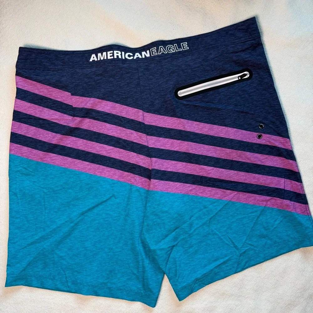 American Eagle Men XXL Board Shorts Striped Colorblock Swim Trunks Navy Teal 2XL